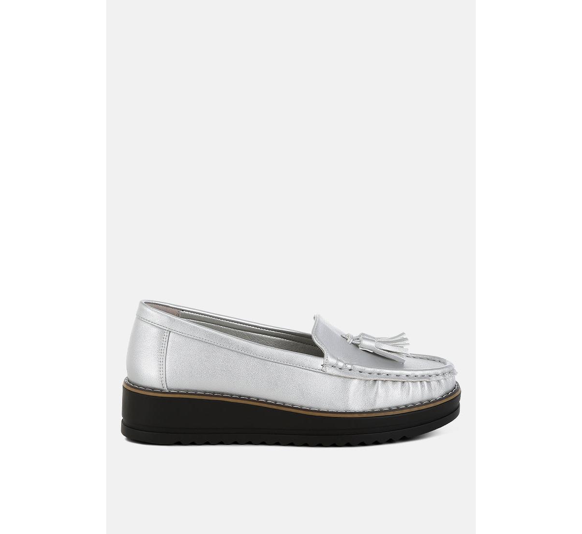 Larana Metallic Tassel Detail Loafers - Silver