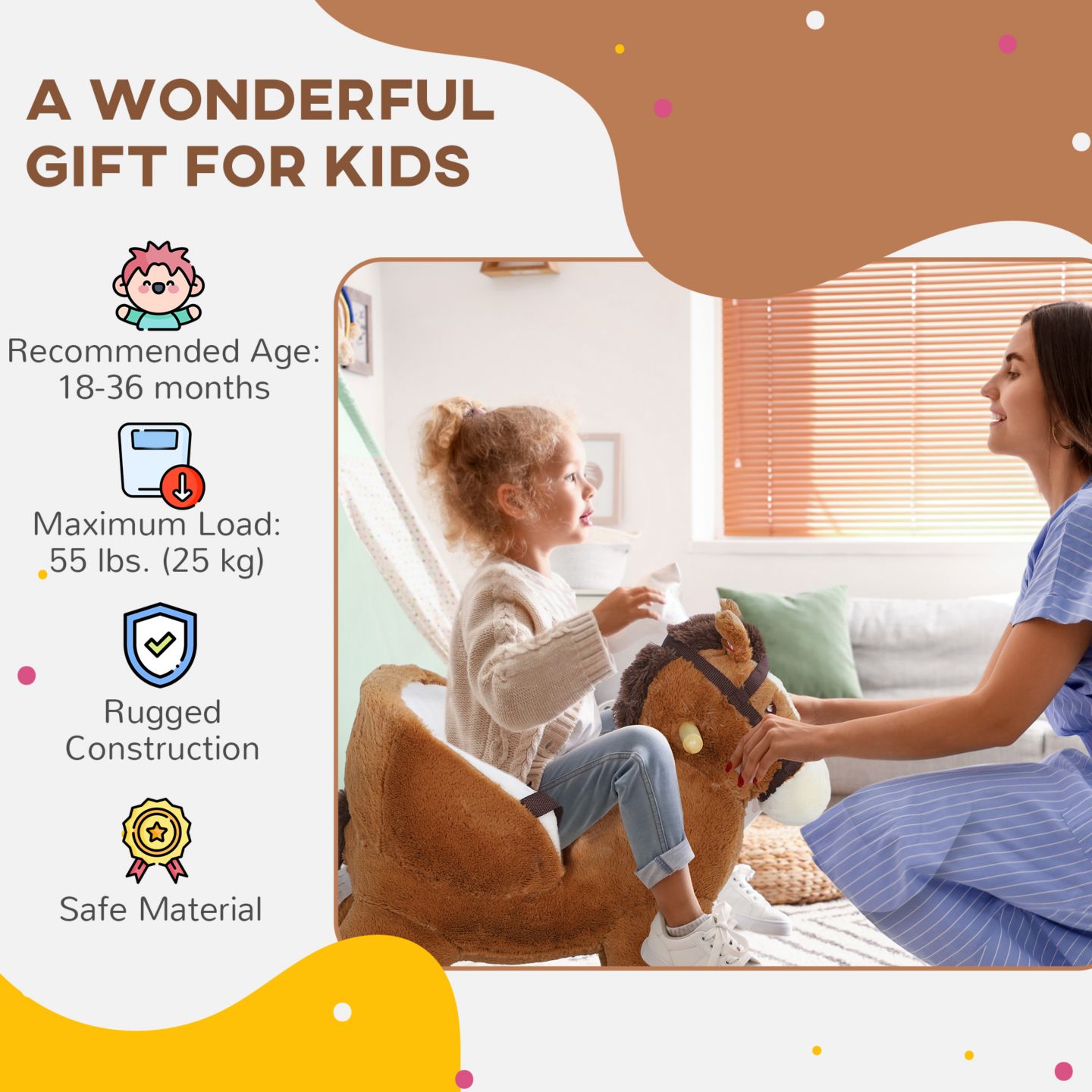 Детская мягкая игрушка Qaba Baby Rocking Horse Plush with Sound, 55 lbs Capacity, Ages 2-4, цвет: Коричневый — фото 8