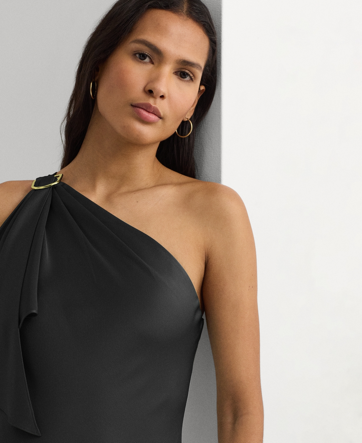Ralph Lauren Satin Charmeuse One-shoulder Gown In Black