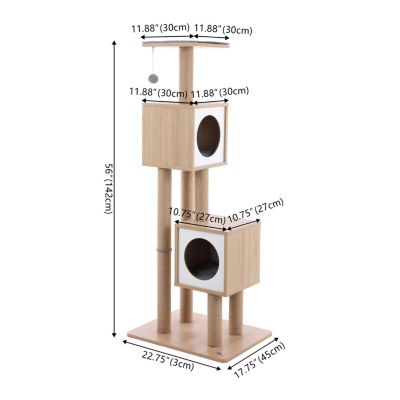 Sawyer 56" 3-Tier Minimalist Jute Cat Tree Condo with Scratching posts, and Fuzzy Toy, Brown/White