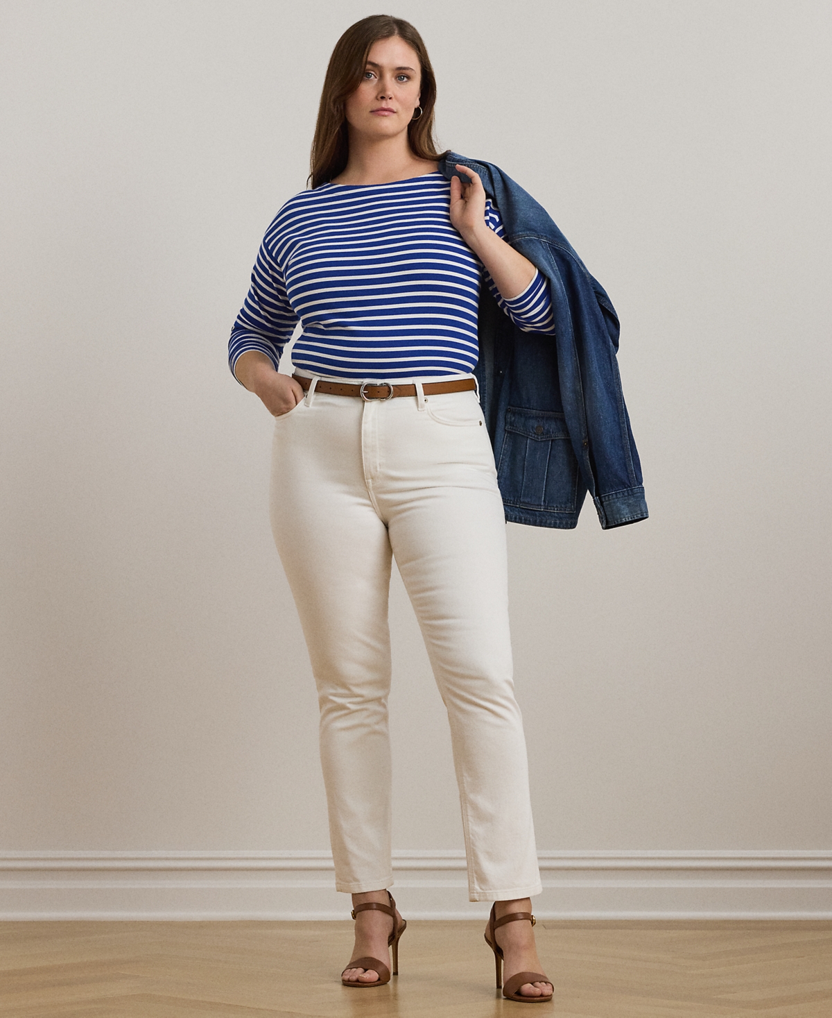 Lauren Ralph Lauren Plus Size Striped Cotton Jersey Boatneck Top -white
