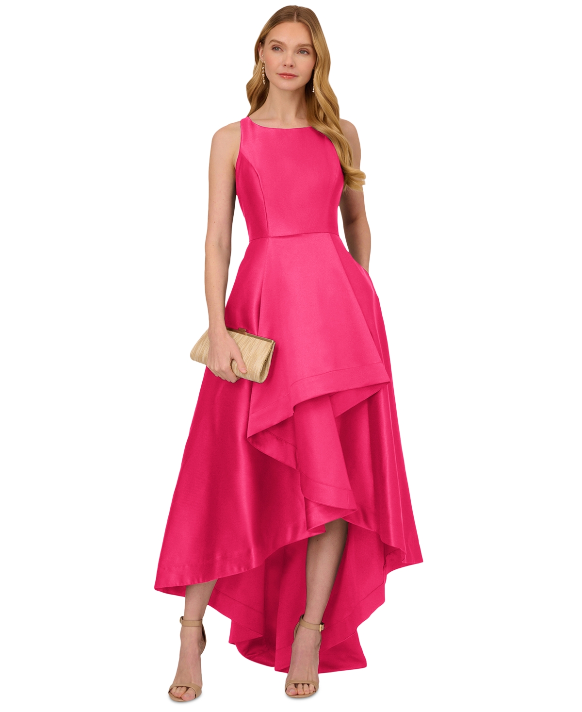 Adrianna Papell High-Low Mikado Gown - Electric Pink