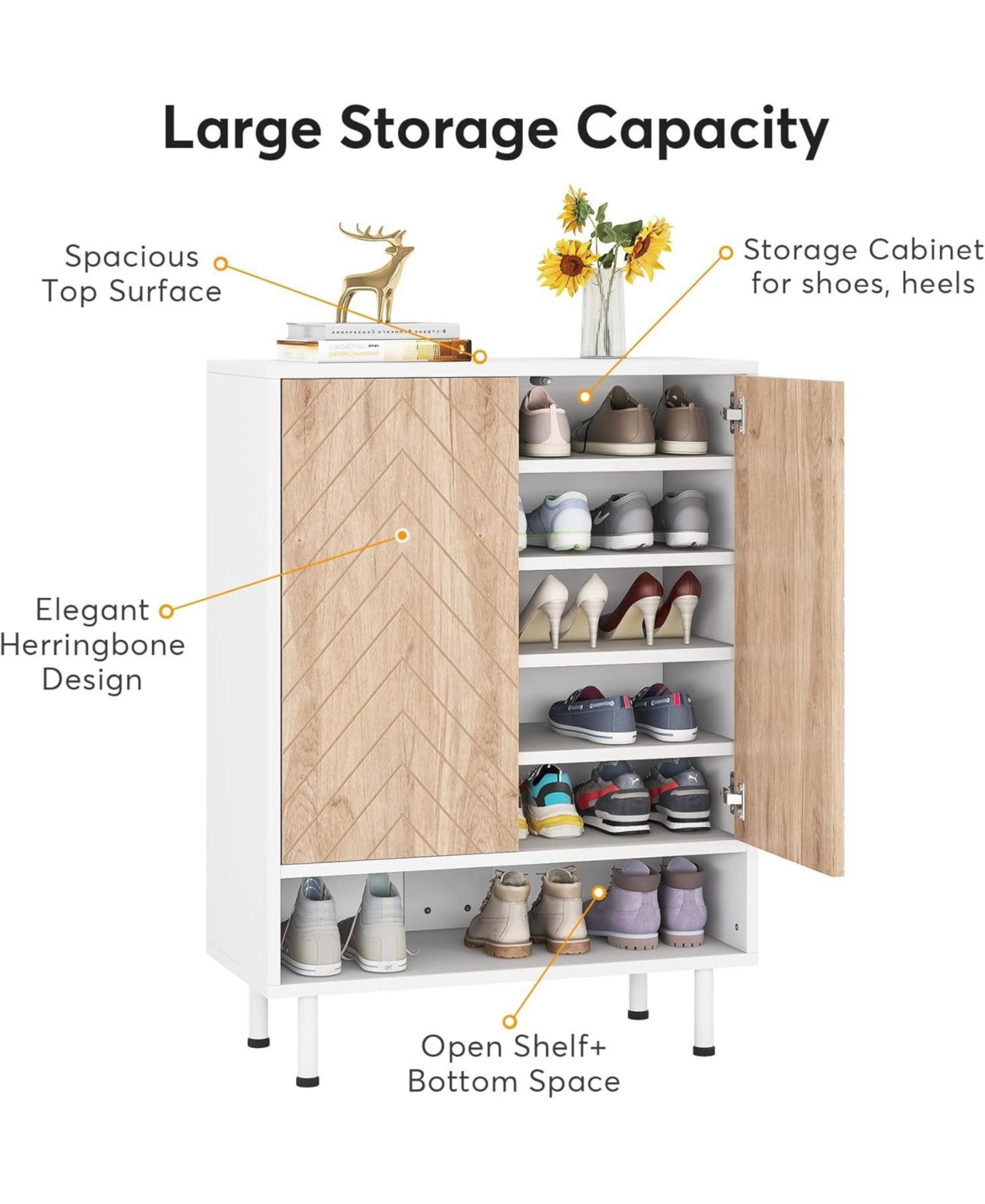 Tribesigns 6-Tier Shoe Cabinet, 18 Pair Rack Organizer Cabinet with Door and Shelves for Entryway Hallway Closet - White and beige