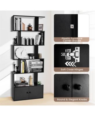 2PCS 6-Tier Shaped Bookshelf w/ Cabinet 6-Tier Tall Bookcase w/ Doors