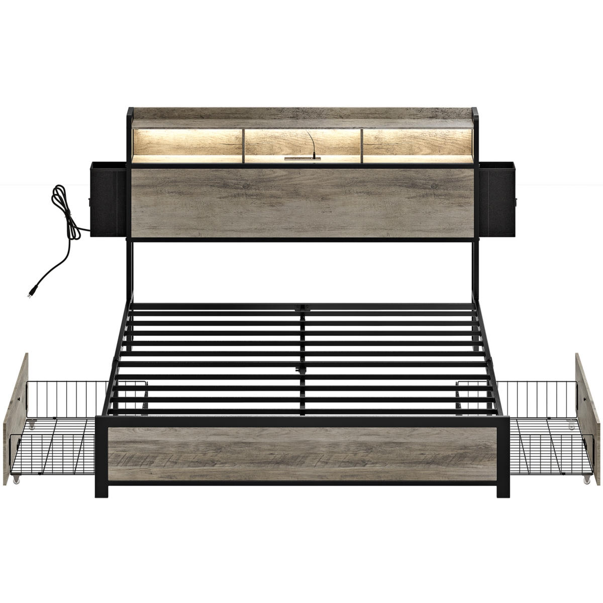 Hausource Size Bed Frame with Storage Headboard & 6 Drawers Platform Bed No Box Spring Needed