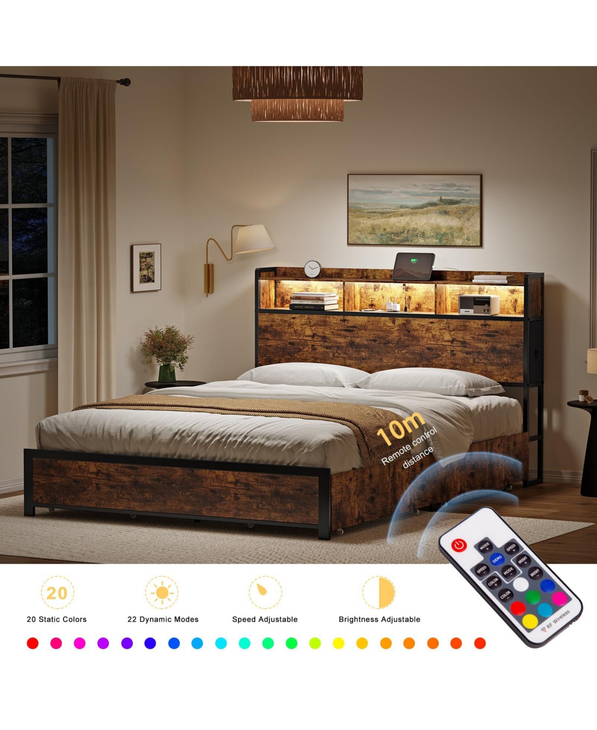 Hausource Queen/Full Size Bed Frame with Storage Headboard & 2 Drawers Platform Bed No Box Spring Needed,