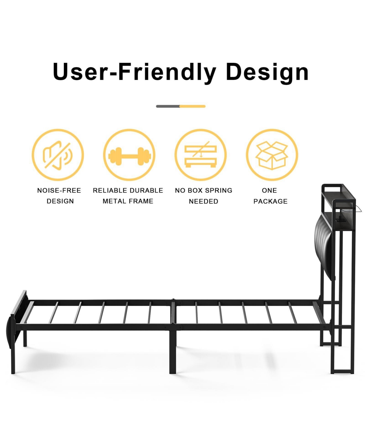 Hausource King/Twin Size Bed Frame with Storage Headboard & Charging Station Upholstered Platform Bed