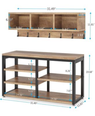 Coat Rack Set and Industrial Shoe Bench, 3 Storage Cubbies, 7 Hooks for Entryway, Hallway, 5-in-1Design