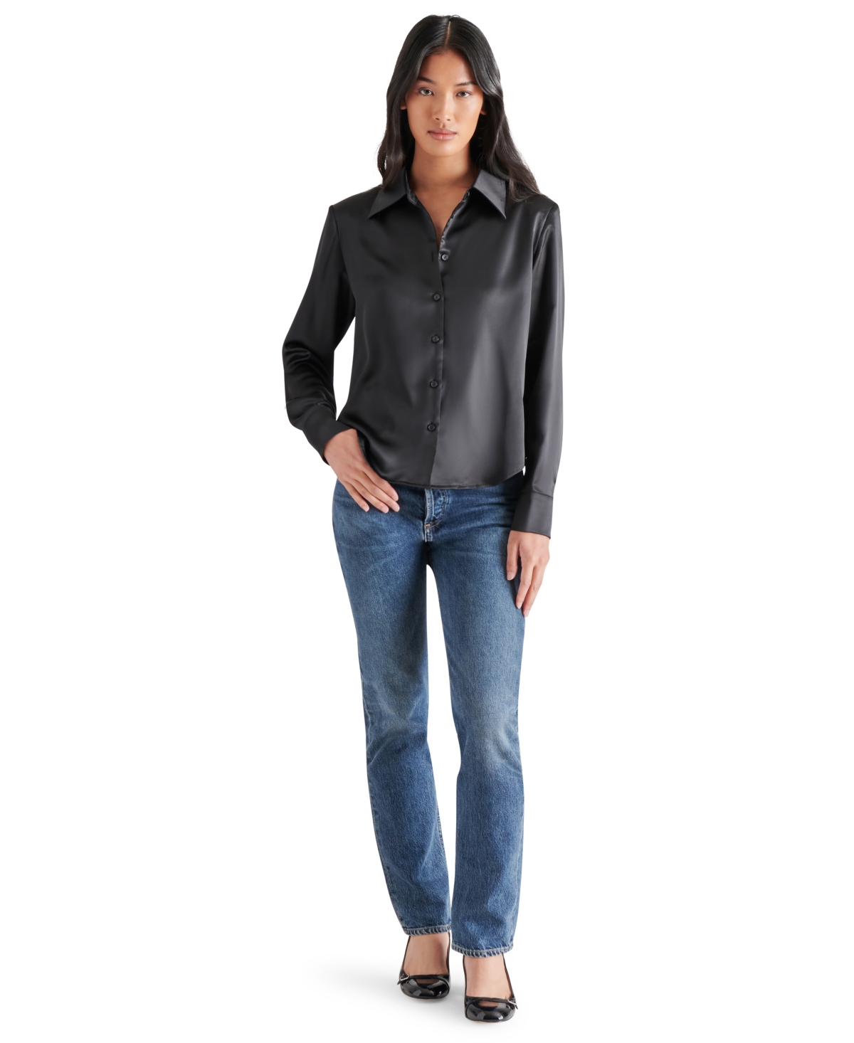 Steve Madden Women's Asa Charmeuse Shoulder Pad Shirt In Black