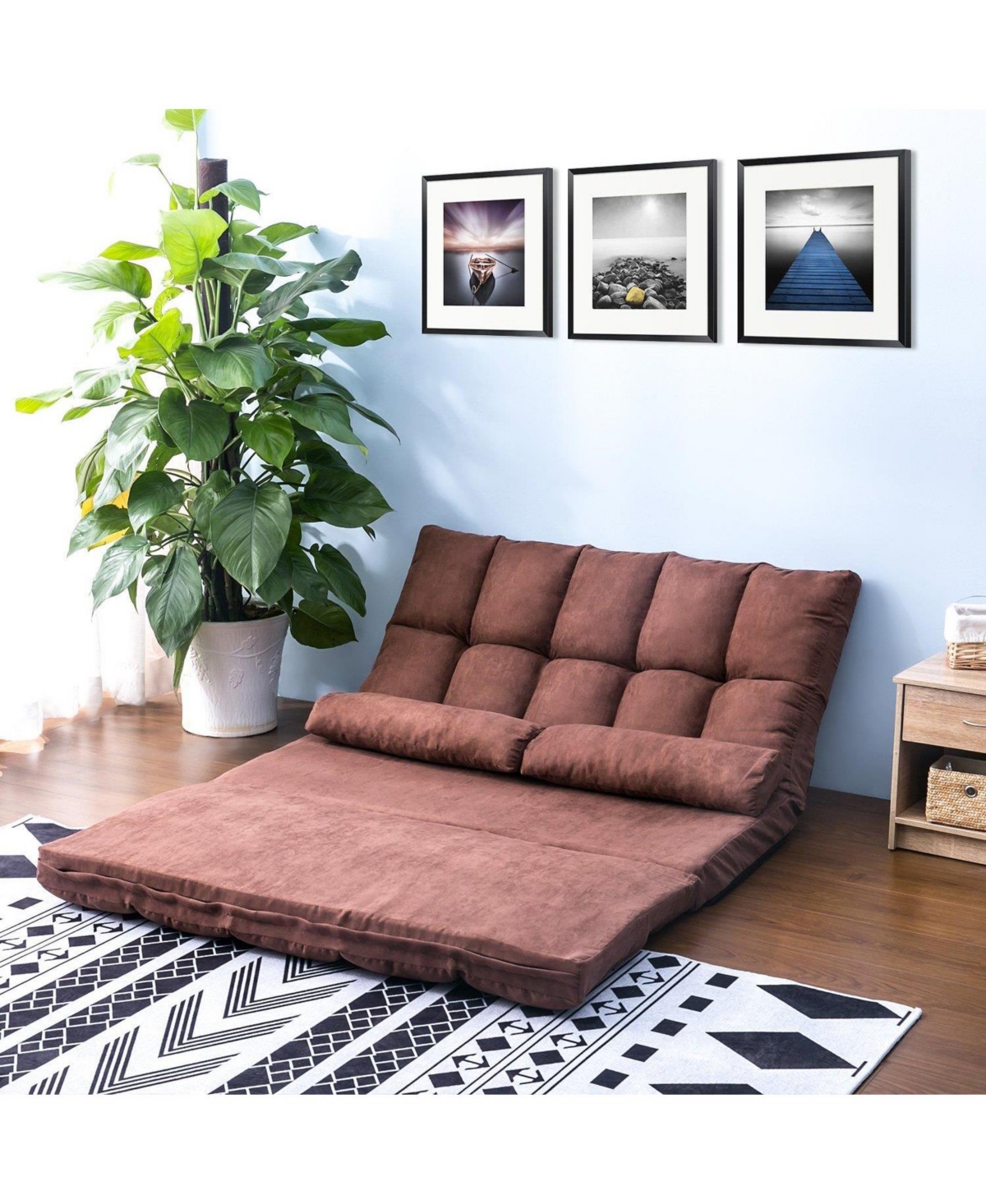 SlickblueDouble Chaise Lounge Sofa - Floor Couch with Two Pillows for Ultimate Comfort - Brown