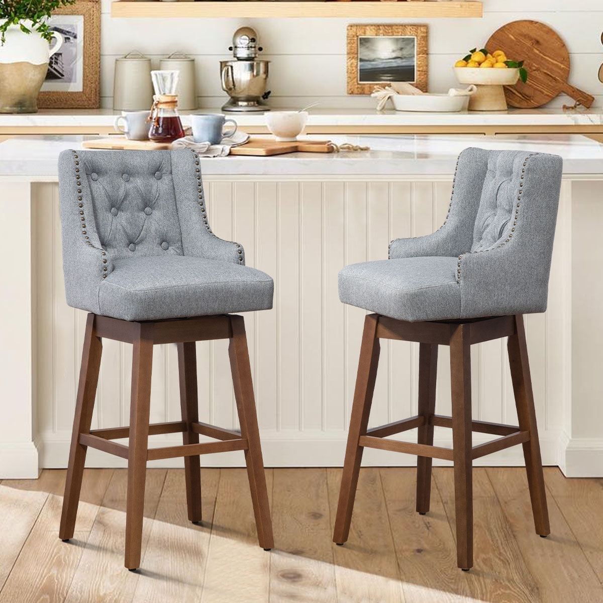 The Pop Home Set of 2 360° Swivel Bar Stools, Counter Height Linen Bar Chairs for Kitchen-The Pop Home