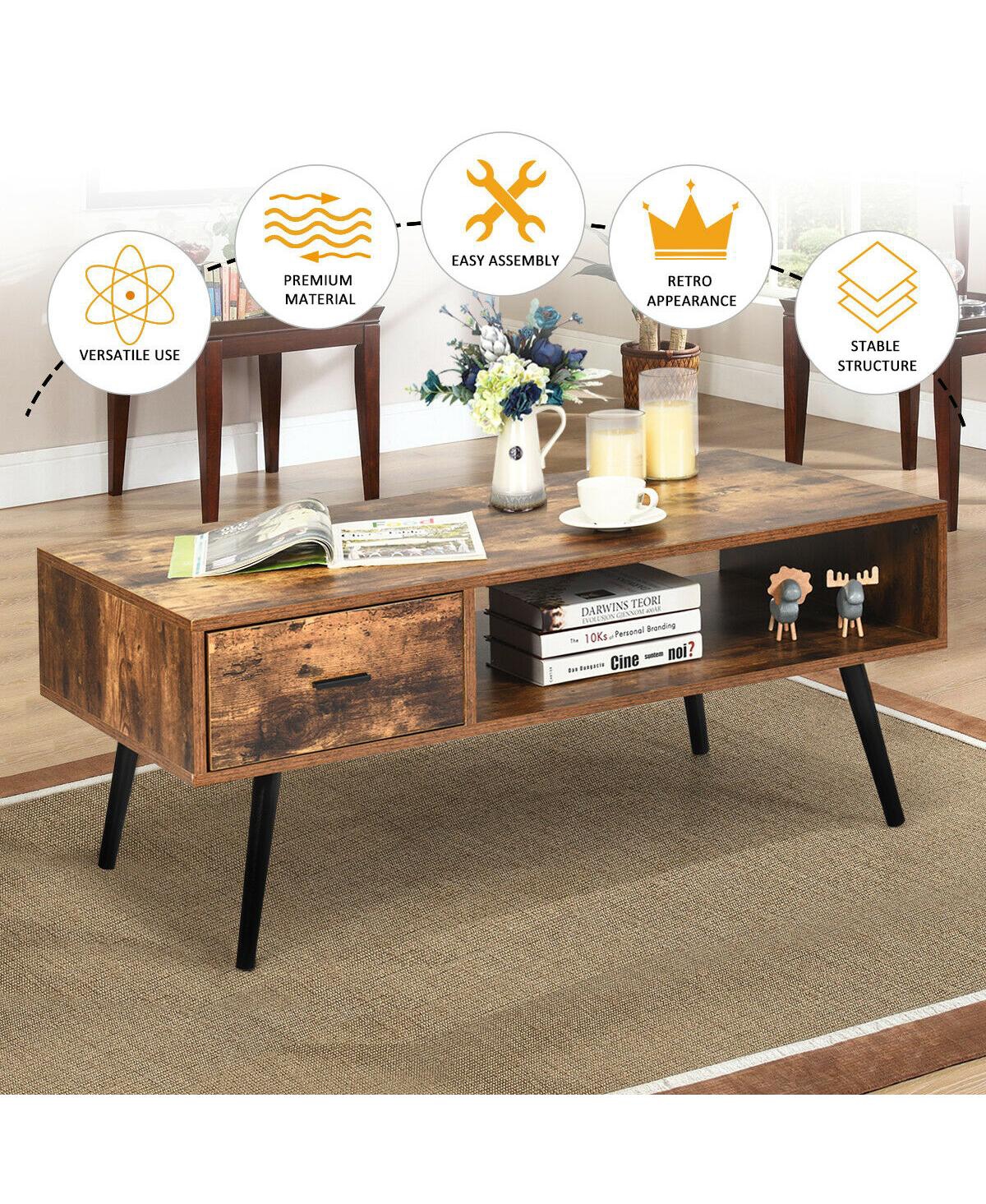 Gymax Retro Coffee Table Mid Century Modern Living Room Furniture w/Open Storage Shelf - Rustic brown+black