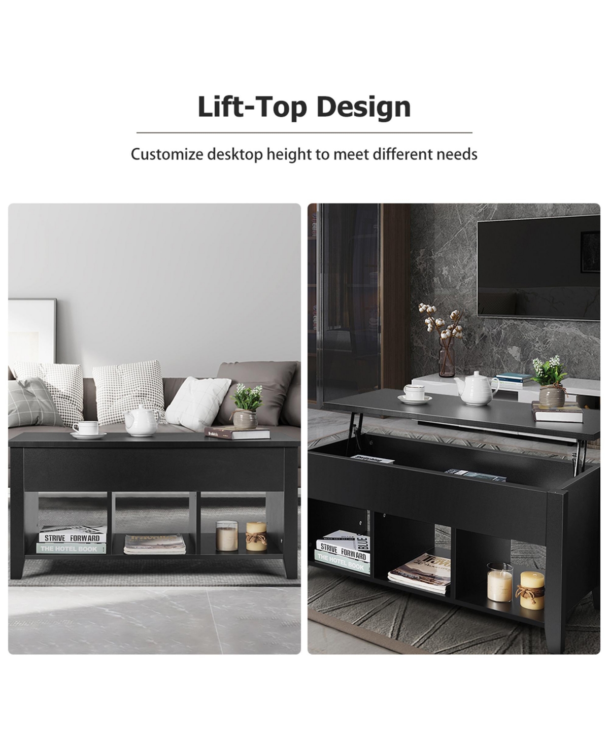Gymax Lift Top Coffee Table w/ Storage Compartment Shelf Living Room Furniture- Black
