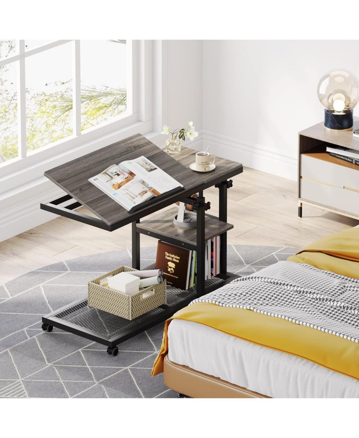 Tribesigns Height Adjustable C Table with Wheels and Tiltable Drawing Board, Sofa Bedside Laptop Stand C Shaped Tv Tray with Storage Shelves