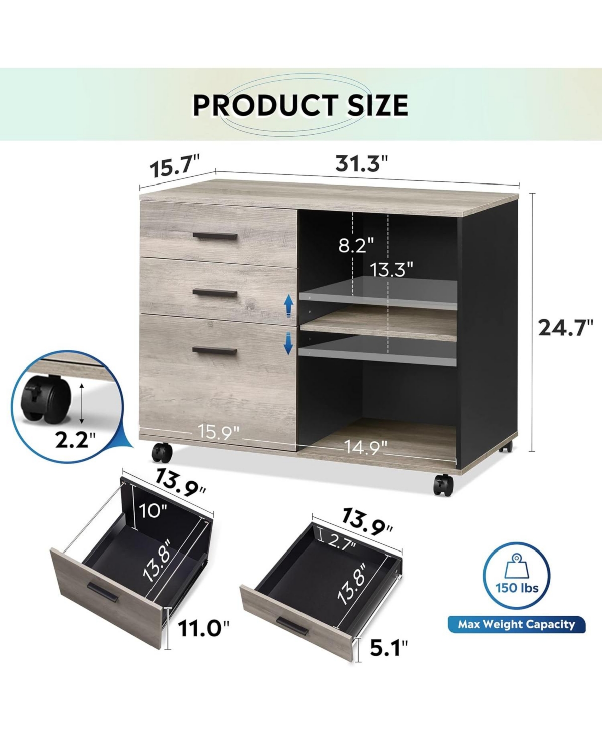 3-Drawer Wood File Cabinet, Mobile Lateral Filing Cabinet, Printer Stand with Open Storage Shelves for Home Office