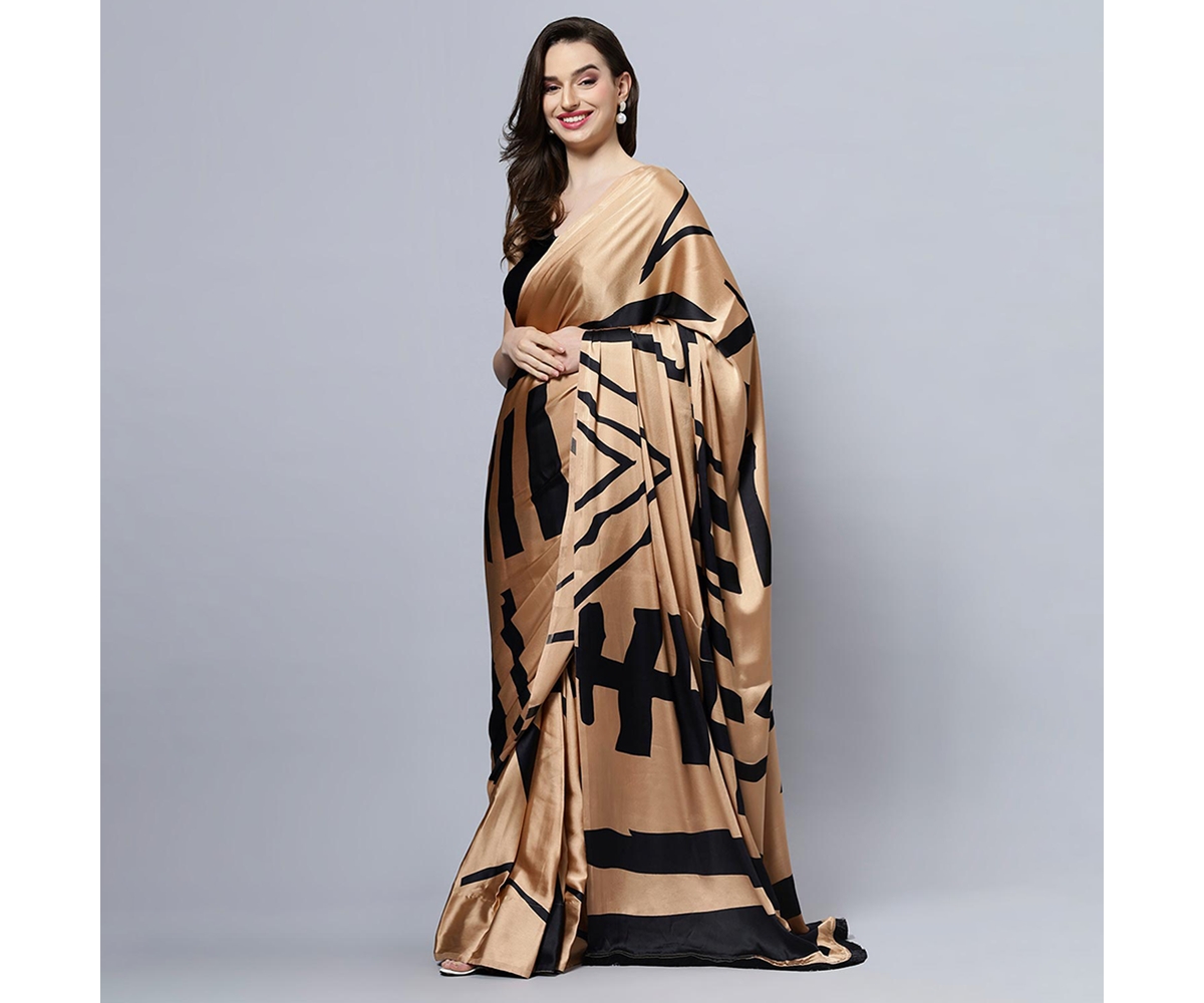 One Minute Saree Petite CandiceSatin Printed Ready to Wear Sari - Brown
