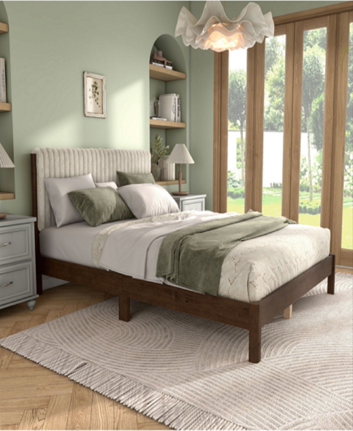 Furniture Of America Alder Queen Platform Bed With Corduroy Fabric Upholstery In Light Brown And Dark Walnut