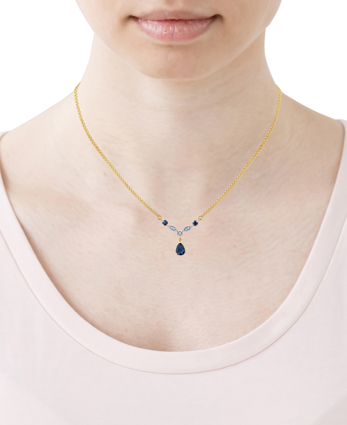 Macy's Lab Grown Sapphire (1-1/3 Ct. T.w.) & Diamond Accent Pear Drop Fancy 18" Pendant Necklace In 14k Gol In Sapphire