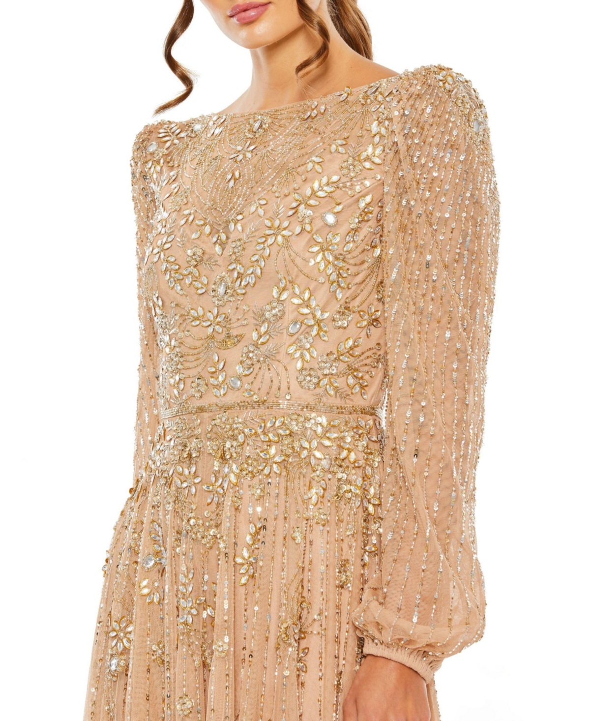 Mac Duggal Women's Floral Embellished High Neck Puff Long Sleeve A Line Midi Dress