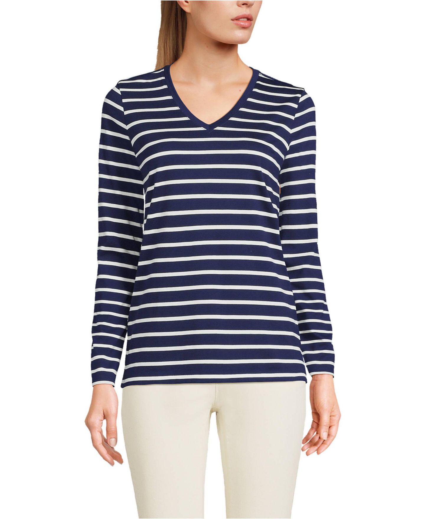 Женская футболка Lands' End Relaxed Supima Cotton Long Sleeve V-Neck, цвет: Морской тёмно-синий полосатый — фото 1