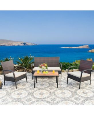 4 Pieces Patio Cushioned Wicker Conversation Set with Acacia Wood Tabletop