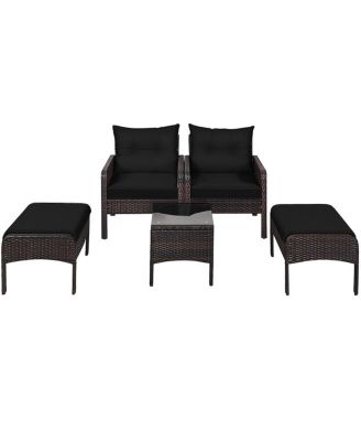5 Pieces Patio Rattan Sofa Ottoman Furniture Set with Cushions-Black