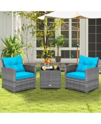 3 Pieces Outdoor Wicker Conversation Set with Tempered Glass Tabletop-Turquoise