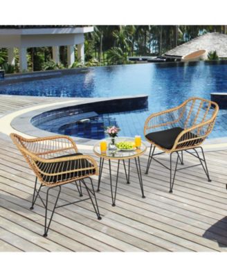 3 Pieces Rattan Furniture Set with Cushioned Chair Table-Black