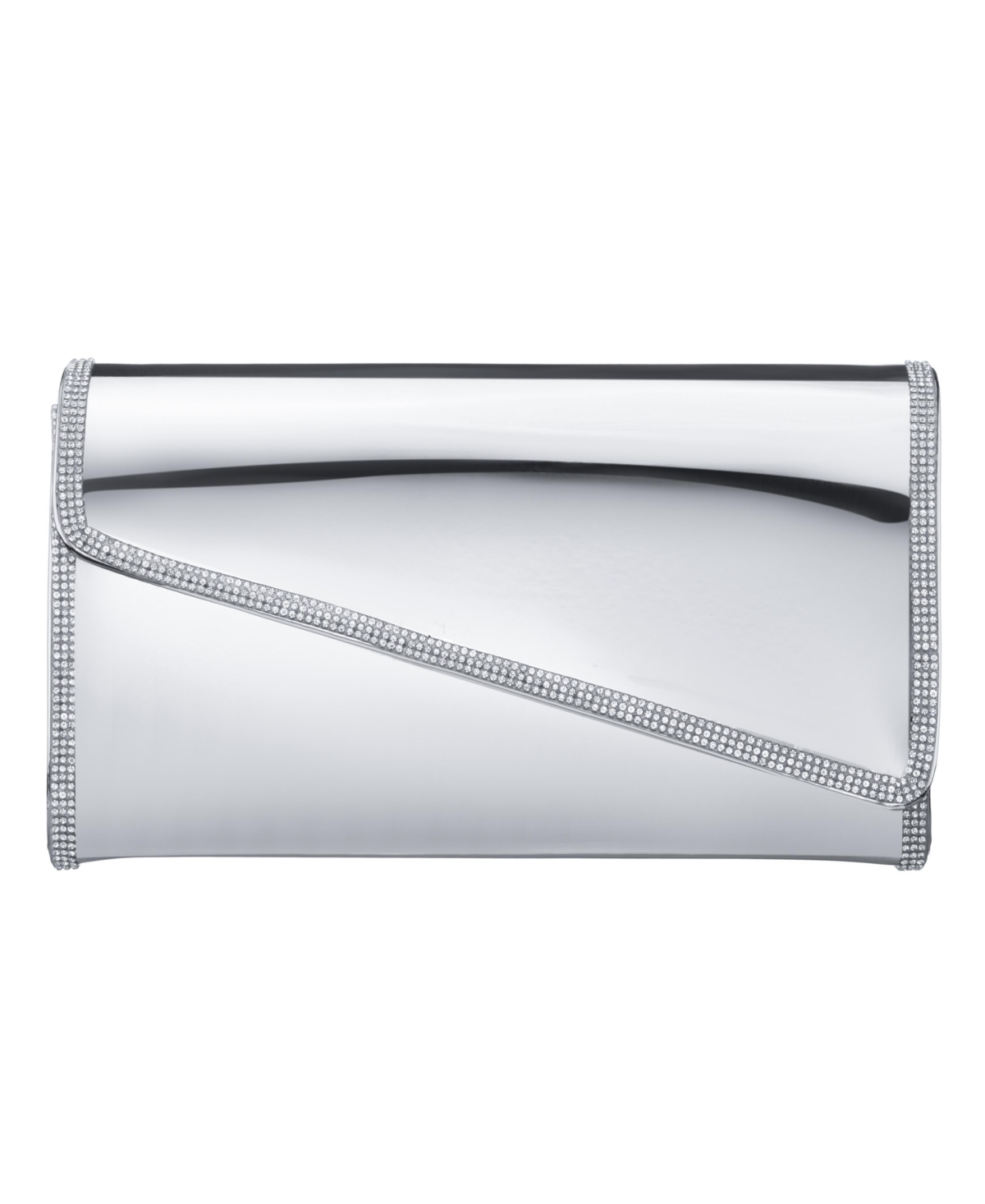Asymmetrical Flap Crystal Trim Mirror Metallic Clutch - Silver