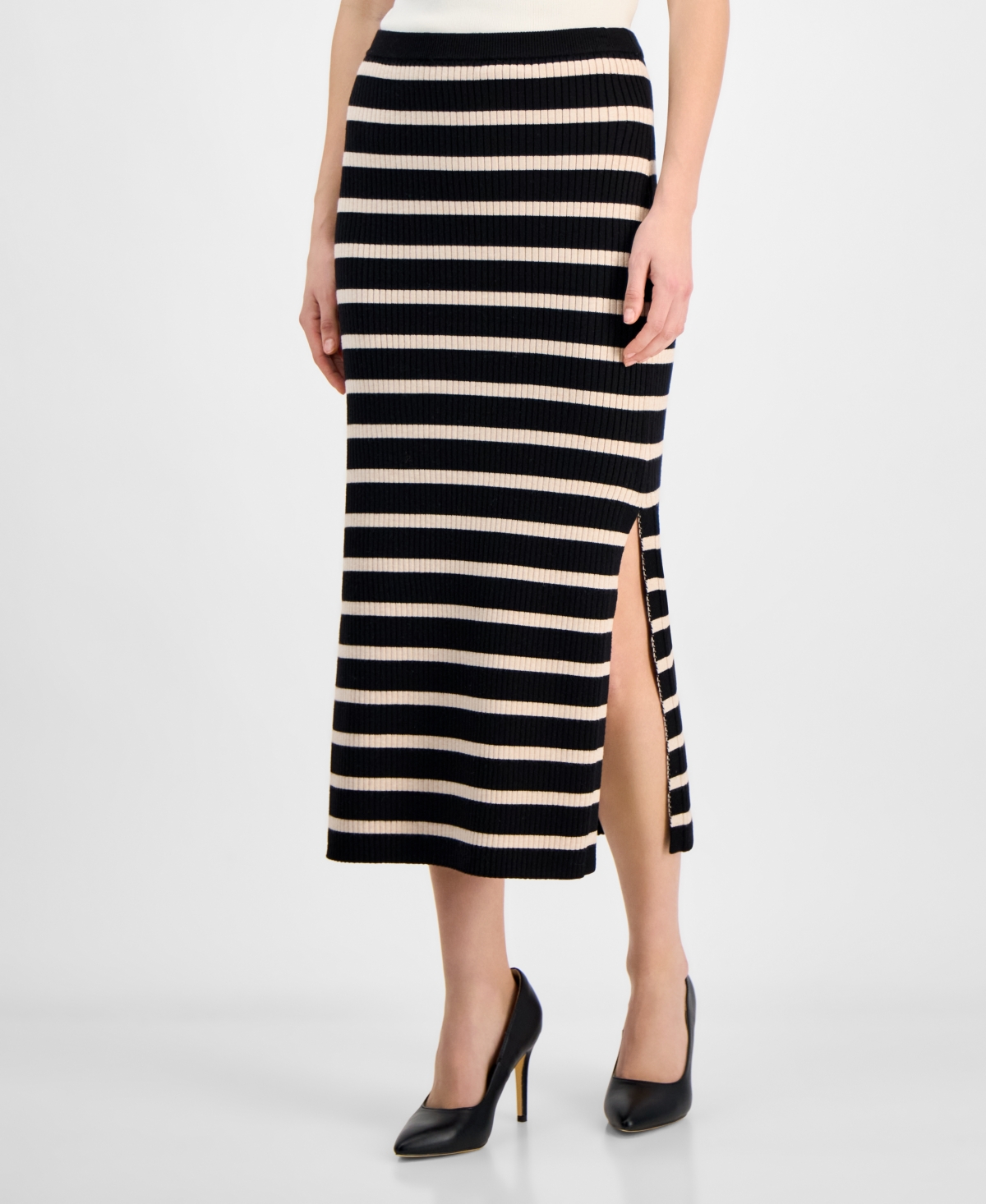 Shop T Tahari Women's Ribbed Striped Bodycon Midi Skirt In Soft Tan Heather