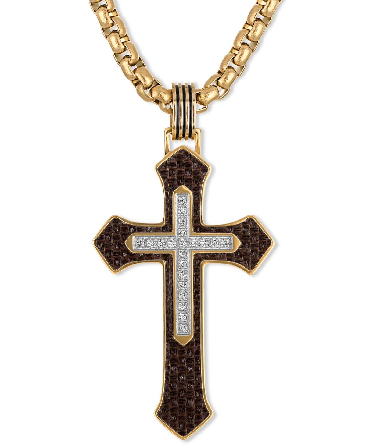 Diamond & Brown Carbon Fiber Cross Pendant Necklace (1/10 ct. t.w.) in Gold-Tone Ion-Plated Stainless Steel, 22" - Gold-Tone