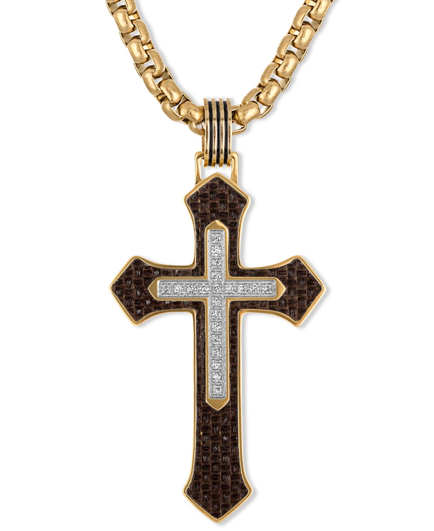 Diamond & Brown Carbon Fiber Cross Pendant Necklace (1/10 ct. t.w.) in Gold-Tone Ion-Plated Stainless Steel, 22"