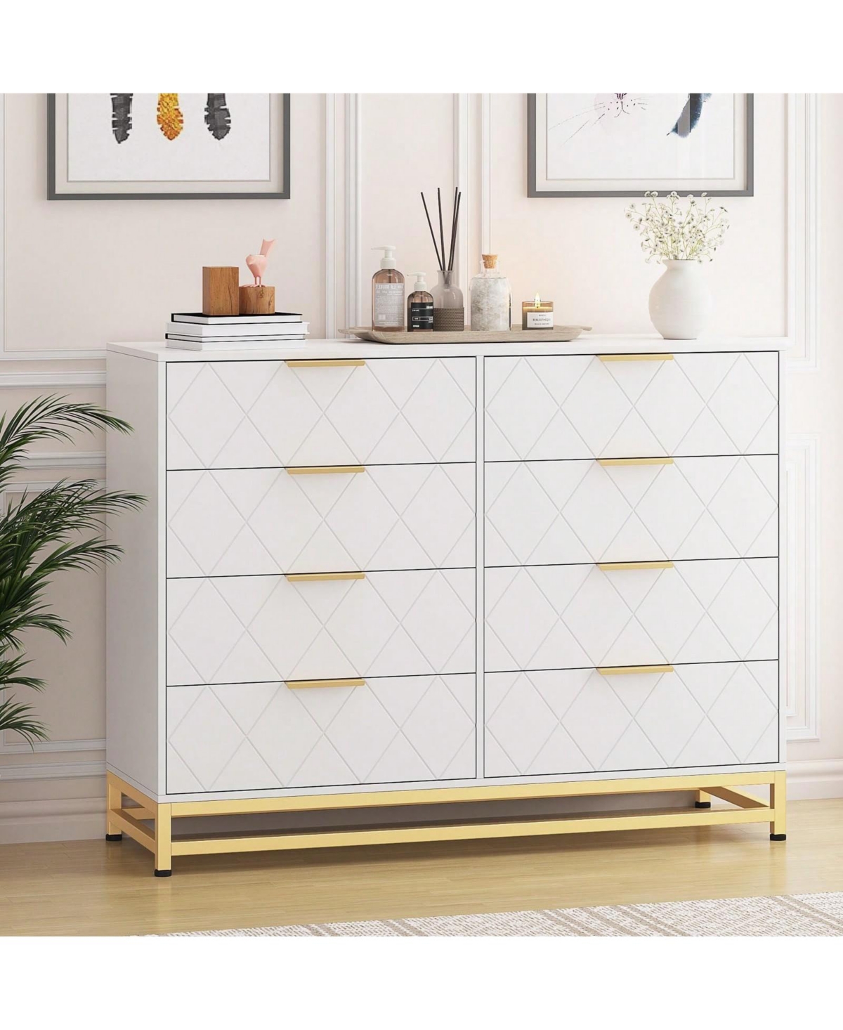 gaomon 8 Drawer Dresser For Bedroom With Deep Drawers, Wide Chest Of Drawers With Metal Handles, Large Floor Wood Storage Dresser Modern Dresser - Whi