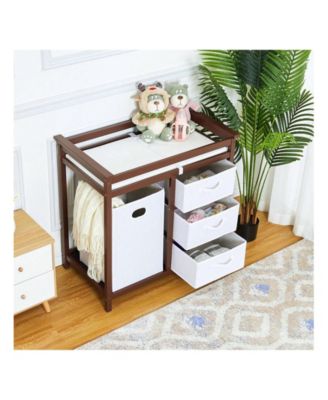 Wooden Baby Changing Table, Diaper Changing Table, Infant Diaper Changing Station Dresser With Laundry Hamper, 3 Drawer Basket And Changing Pad