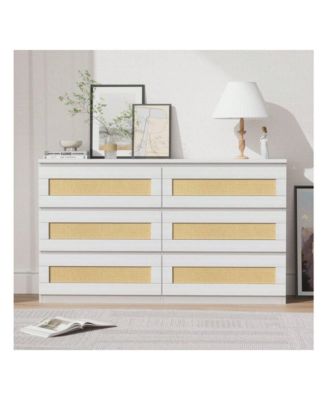 Rattan Dresser For Bedroom, 6 Drawer Dresser For Bedroom, Modern Wide Chest Of Drawers With Anti-Tip Kit