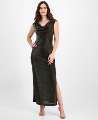 Connected - Women's Knit Draped-Neck Metallic Gown