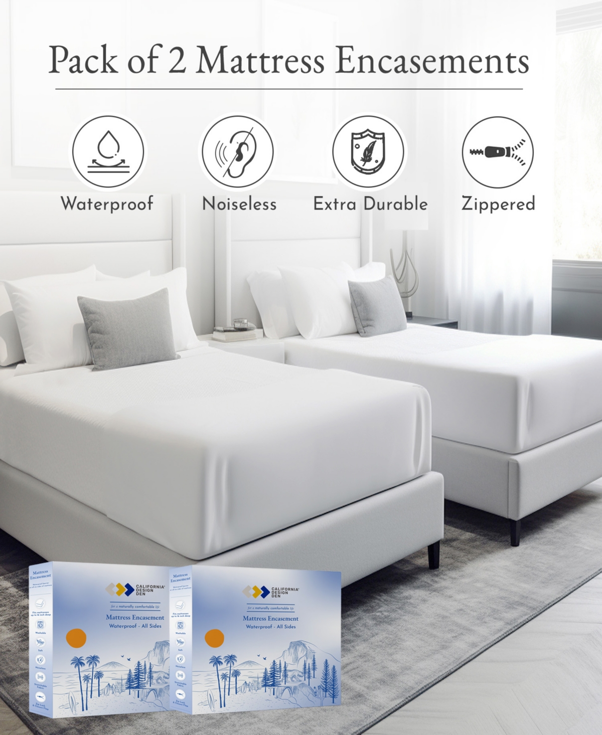 California Design Den 2-Pack Waterproof Mattress Encasement - Zippered - Protects All Six-Sides - Cooling - Premium Noiseless & Absorbent Mattress Cov