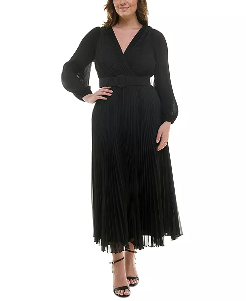 plus size pleated belted maxi dress