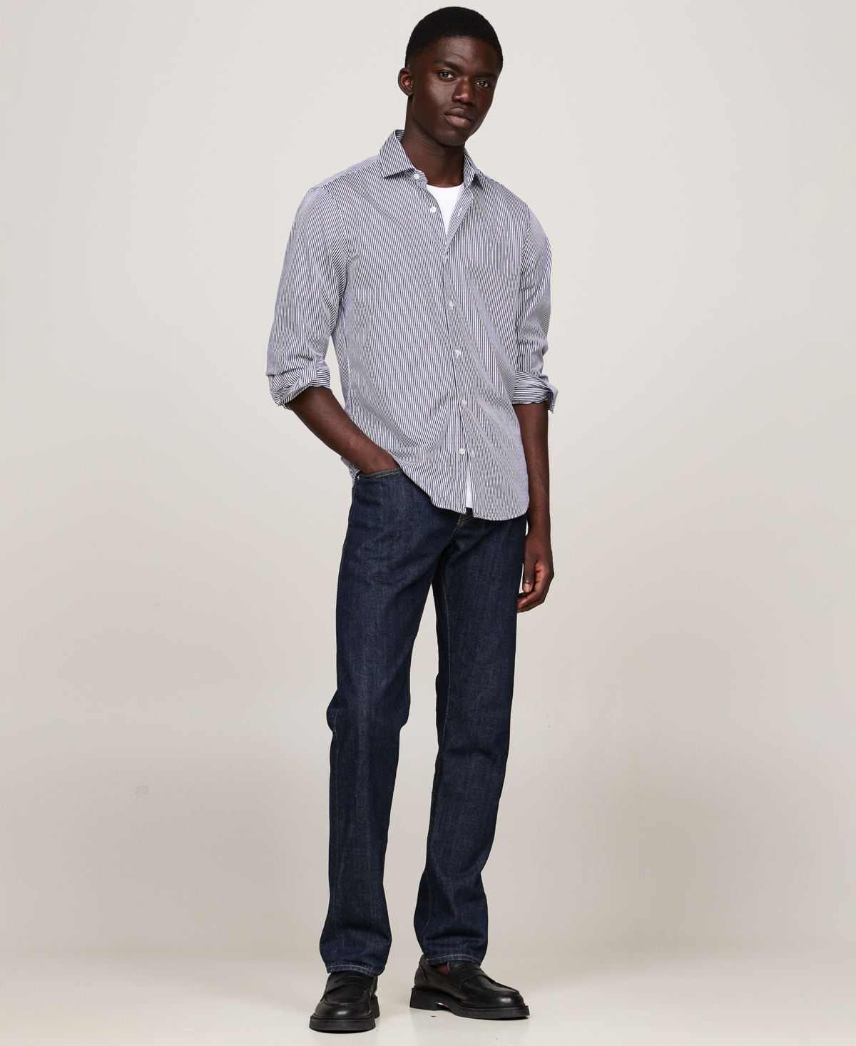 Tommy Hilfiger Men's Dress Casual Slim-Fit Poplin Striped Shirt -/ Optic White