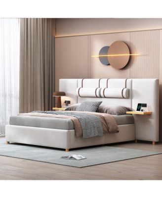 Queen Size Upholstered Platform Bed with Dual Outlets and USB Charging Ports on Each Side