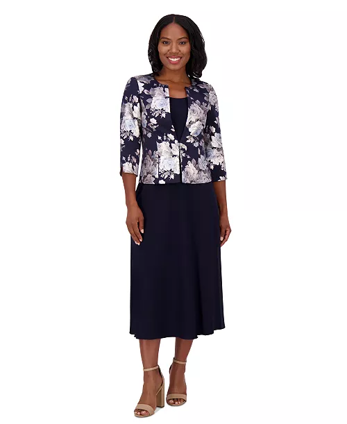 petite 2-pc. printed jacket & midi dress set