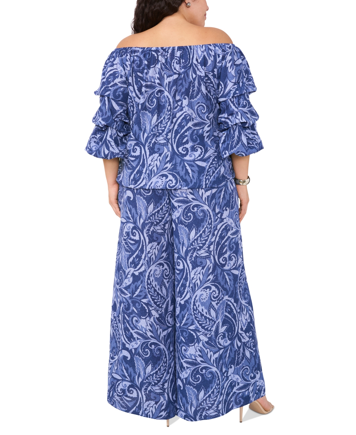 VINCE CAMUTO PLUS SIZE PAISLEY-PRINT OFF-THE-SHOULDER BUBBLE 3/4-SLEEVE TIE-FRONT BLOUSE 