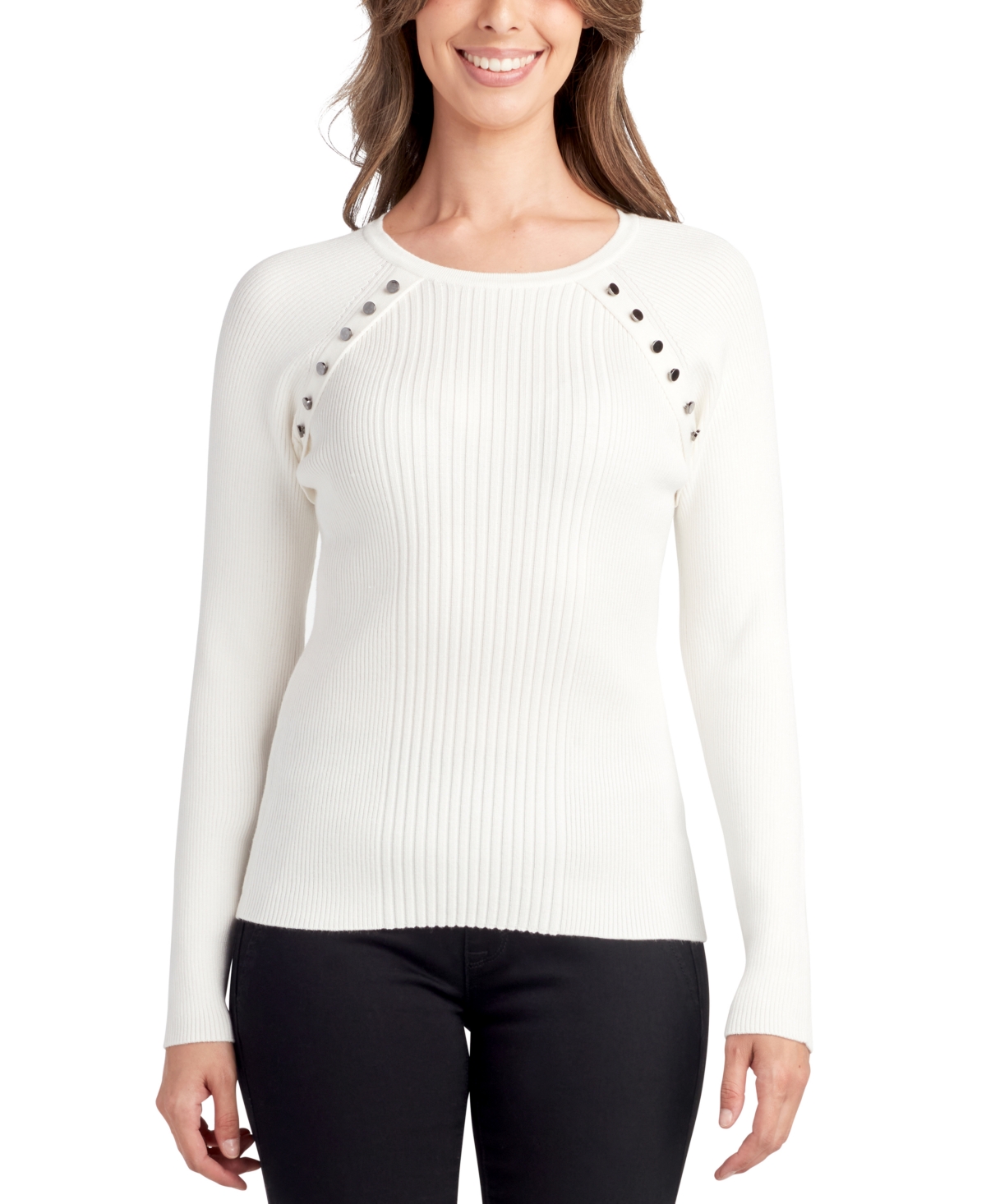 BCX JUNIORS' BUTTON-TRIM CREWNECK SWEATER 