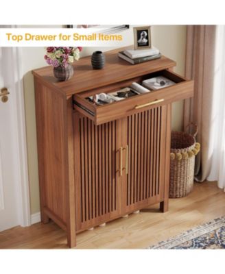 31.49" Wood 5-Tier Shoe Cabinet with Louvered Doors & Drawer Adjustable Shelves Freestanding Organizer for Entryway & Closet