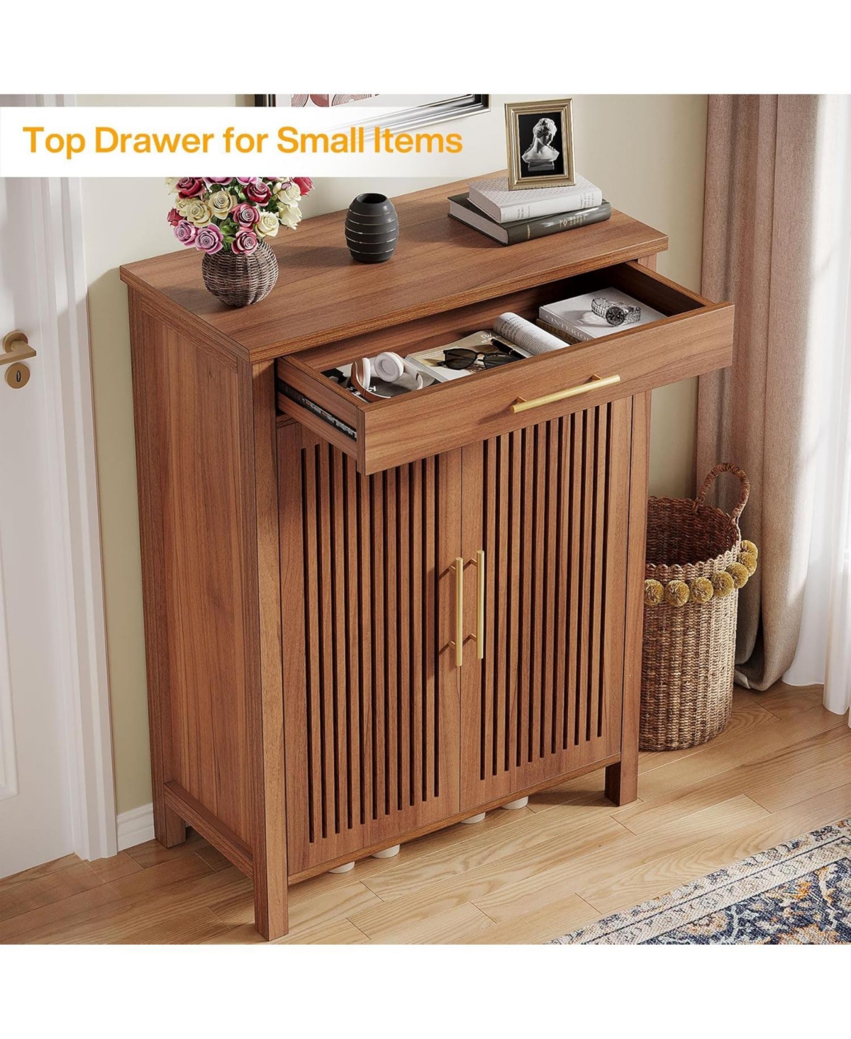 Tribesigns Shoe Cabinet, 5-Tier Shoe Storage Cabinet with Louvered Doors and Drawer, Freestanding Wooden Shoe Rack Organizer with Adjustable Shelves f