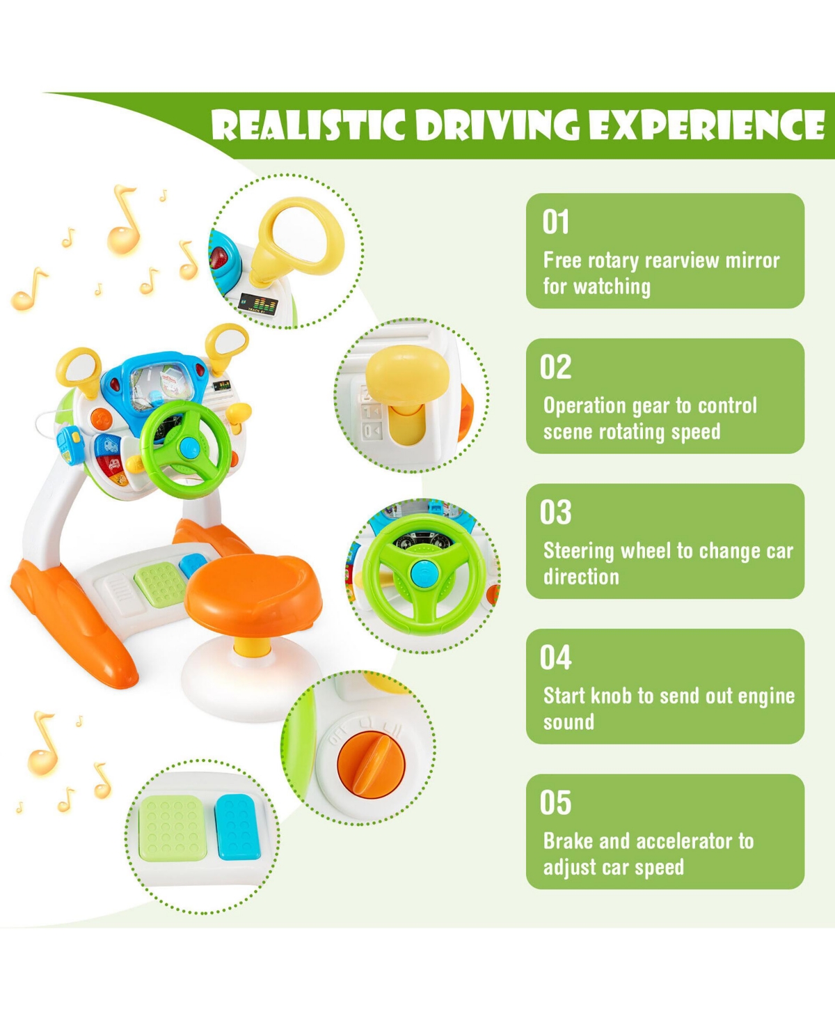 Gymax Kids Pretend Ride on Toy Driver Simulation Car Toddler Play Station Light Sound - Orange+green+white+blue+yellow