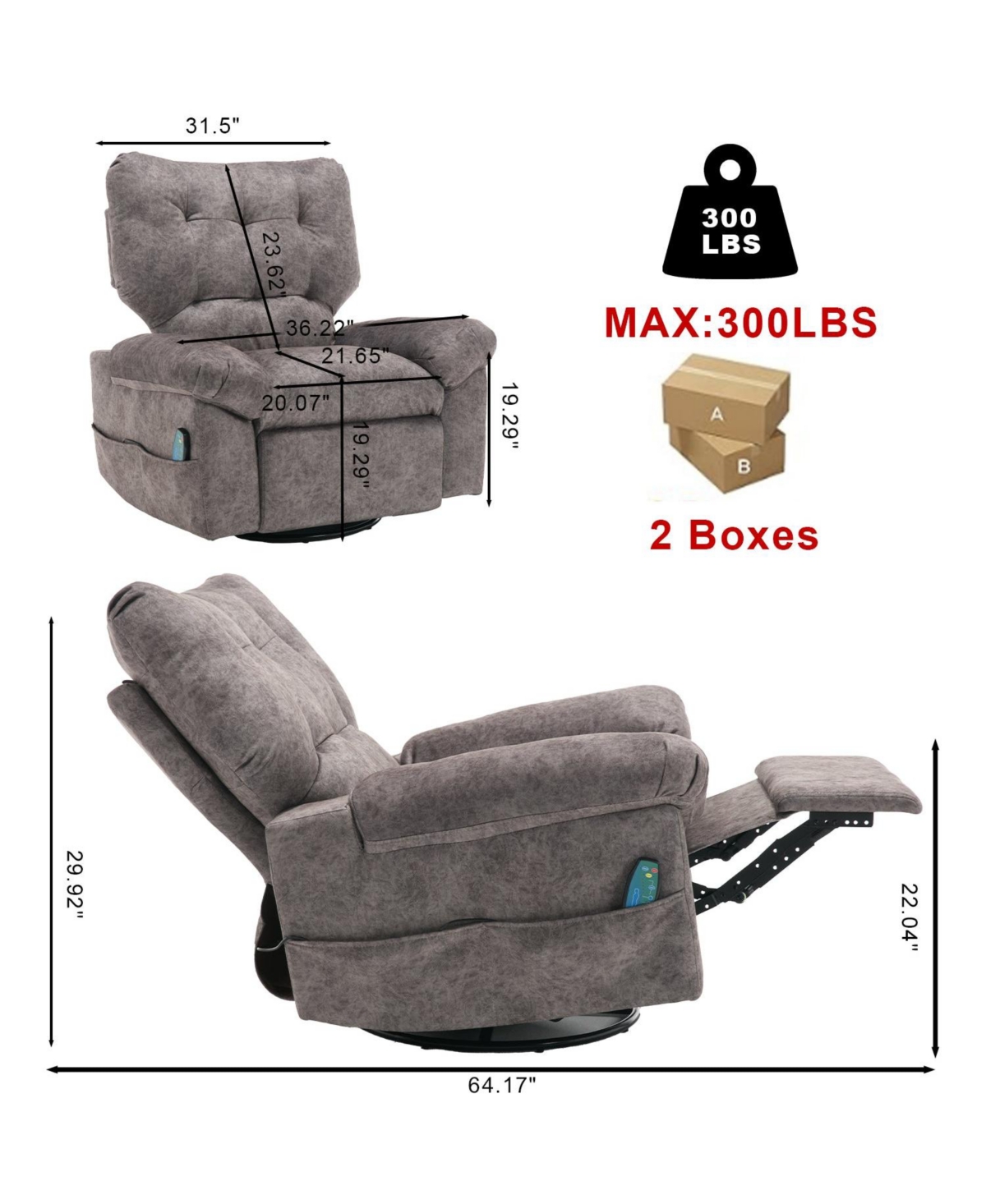 Boyel Living Overstuffed Rocker Recliner Chair with Massage and Heat Wide Seat Single Sofa Lounge Chairs