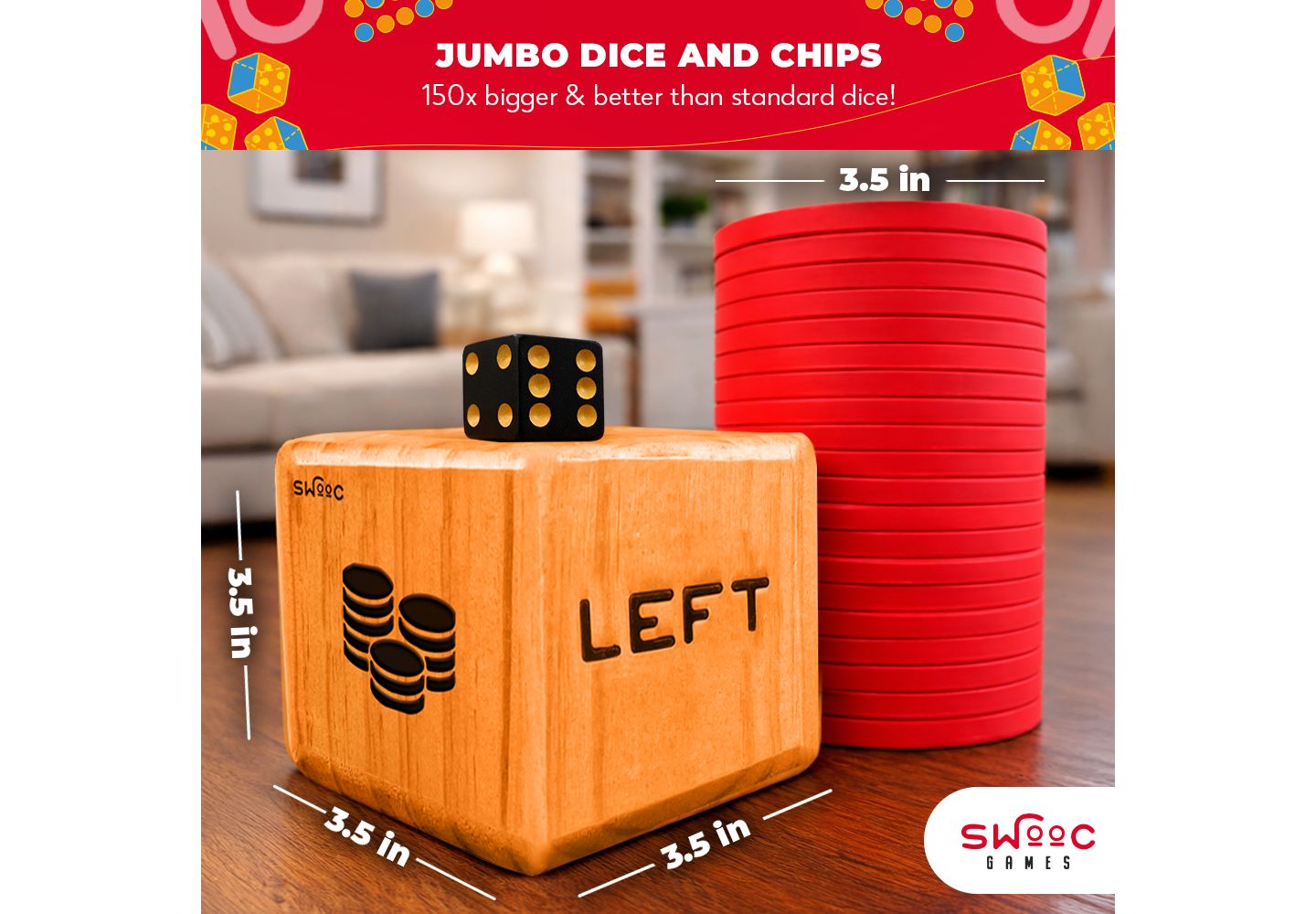 Детские игрушки SWOOC Giant Right Center Left Dice Game (All Weather) w/ 24 Large Chips & Carry Bag - Jumbo Wooden Lawn Game - Backyard Games — фото 5