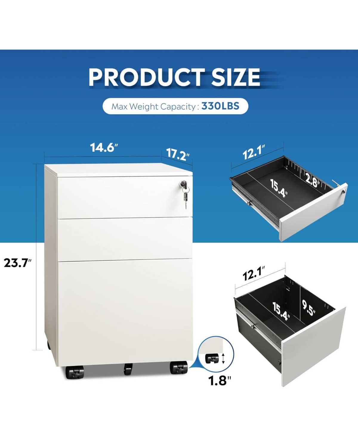 Devaise Locking File Cabinet, 3 Drawer Rolling Pedestal Under Desk Office, Fully Assembled Except Casters,- White