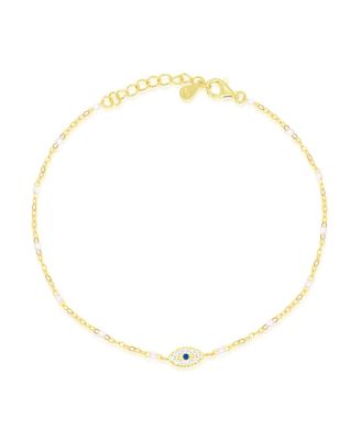 Yellow Gold Tone CZ and Created Pearl Evil Eye Bracelet